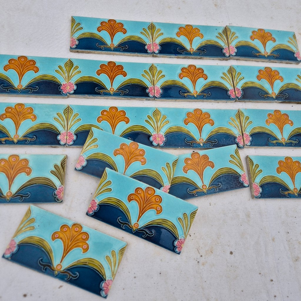 53 jugendstil randtegels 7,5x15cm prachtige kleuren, Ophalen