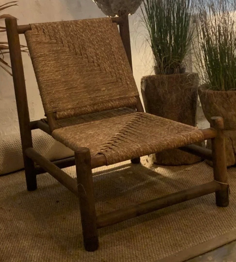Unieke Hoffz Teak Lounge Stoel met Jute Magnifiek Koopje!, Huis en Inrichting, Stoelen, Ophalen, Gebruikt, Bruin, Eén
