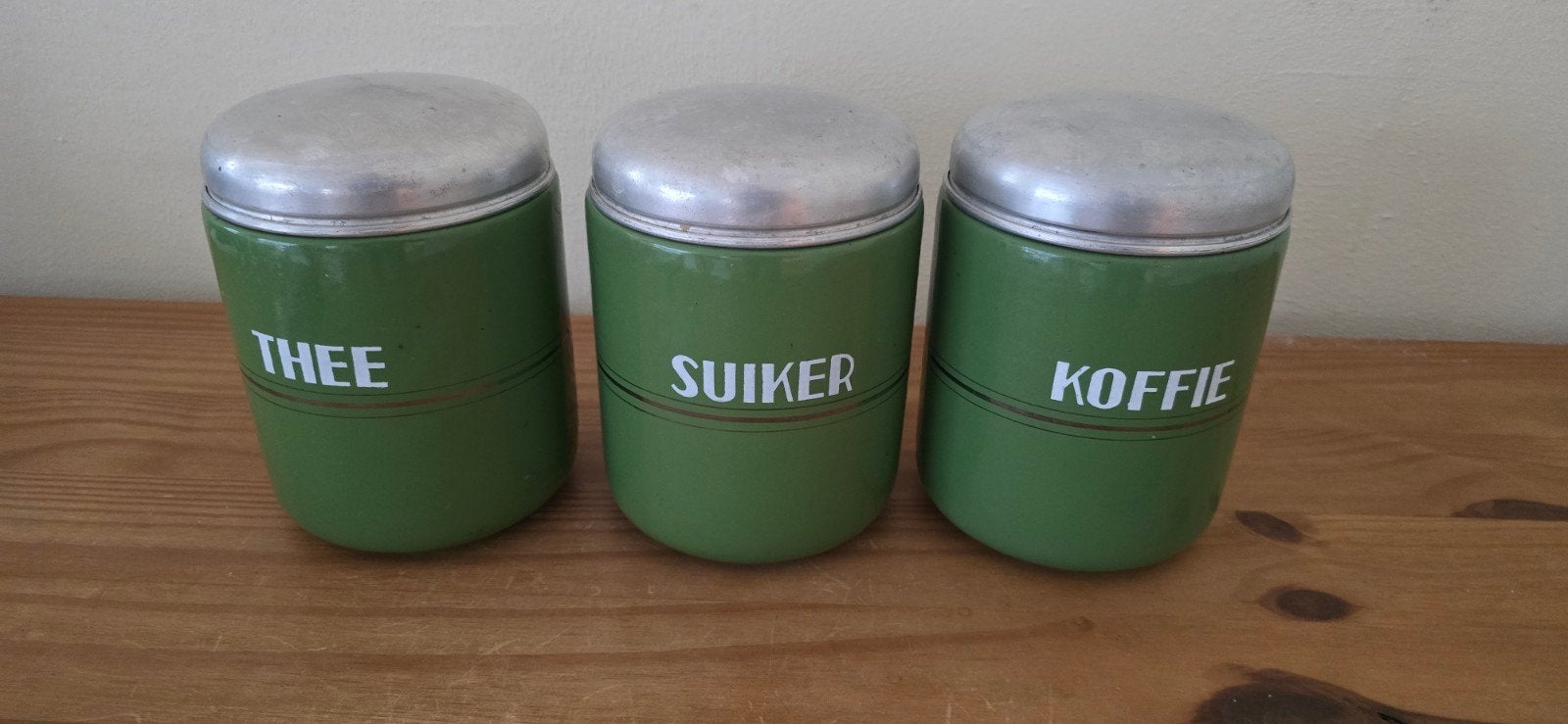 Vintage voorraadpotten set: Thee, Suiker, Koffie (groen), Antiek en Kunst, Ophalen of Verzenden