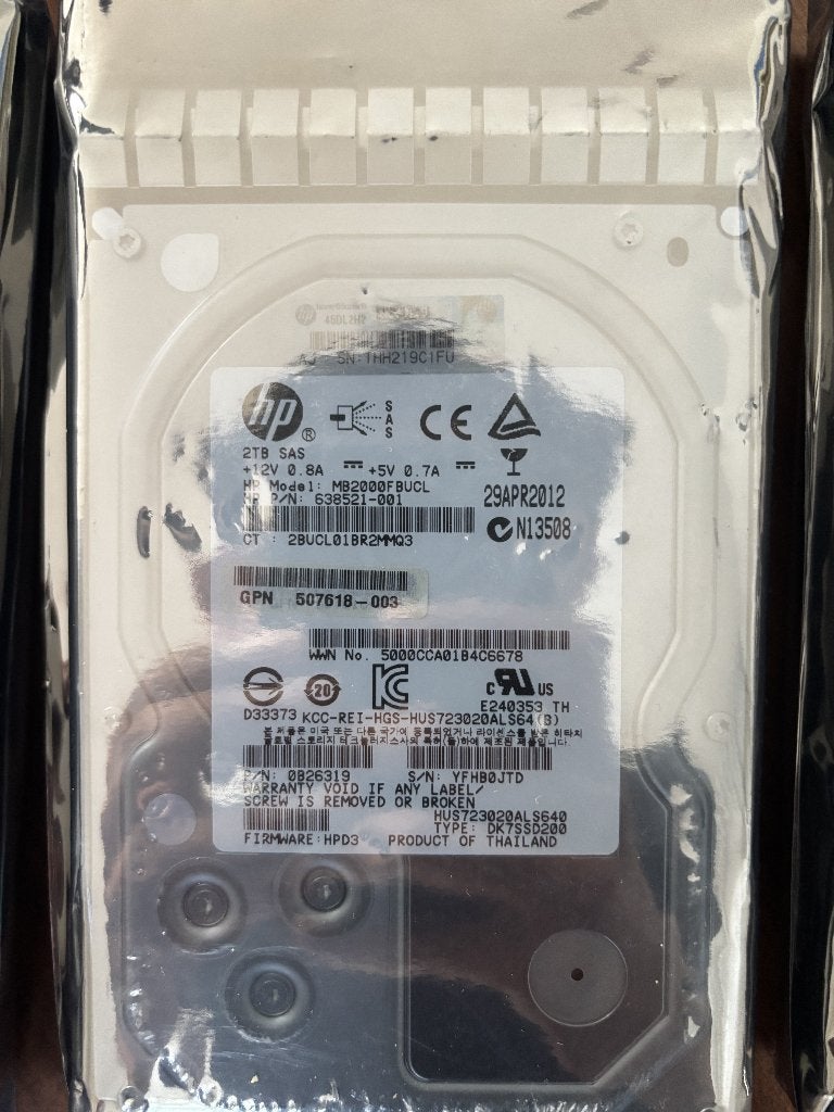 3x 2TB SAS HDD -  HP MB2000FBZPN 7200 rpm (6TB totaal), Computers en Software, Intern, HP Hewlett Packard, SAS, Server