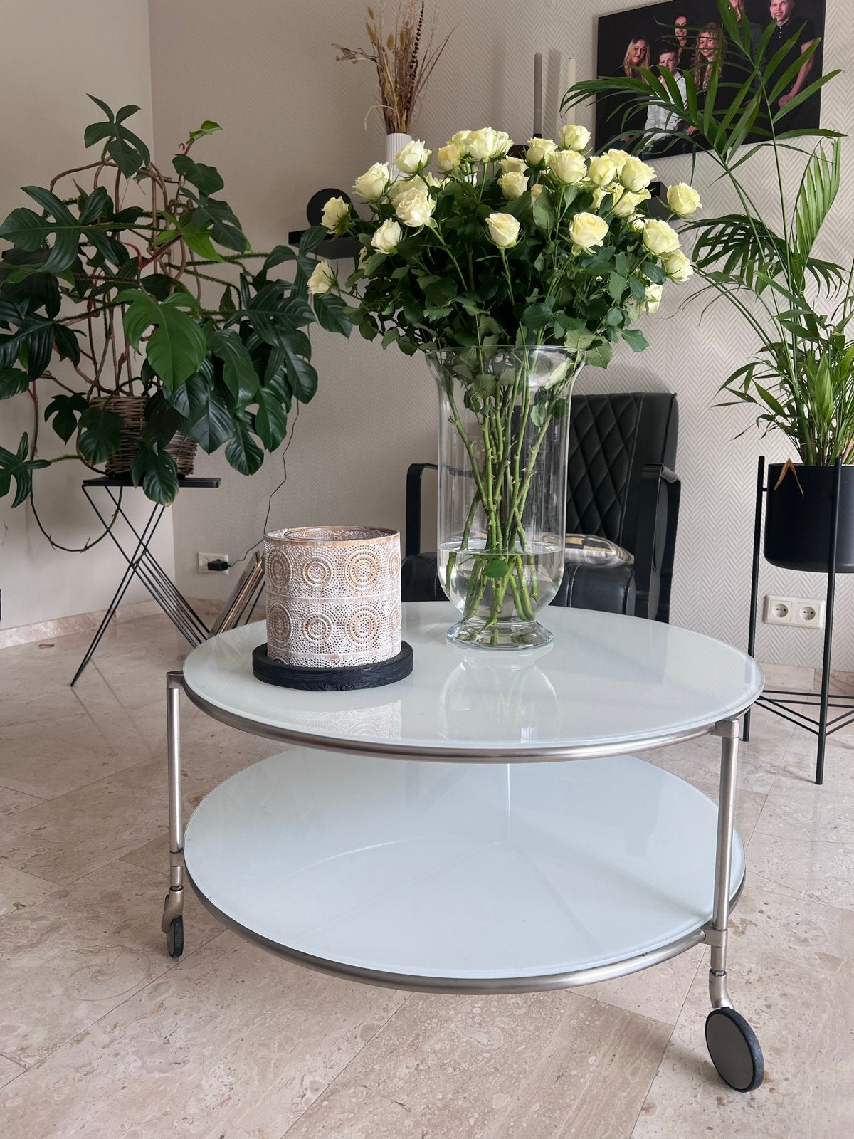 IKEA salontafel op wielen - Twee lagen glas en metaal, Ophalen, Gebruikt, Rond, 50 tot 100 cm