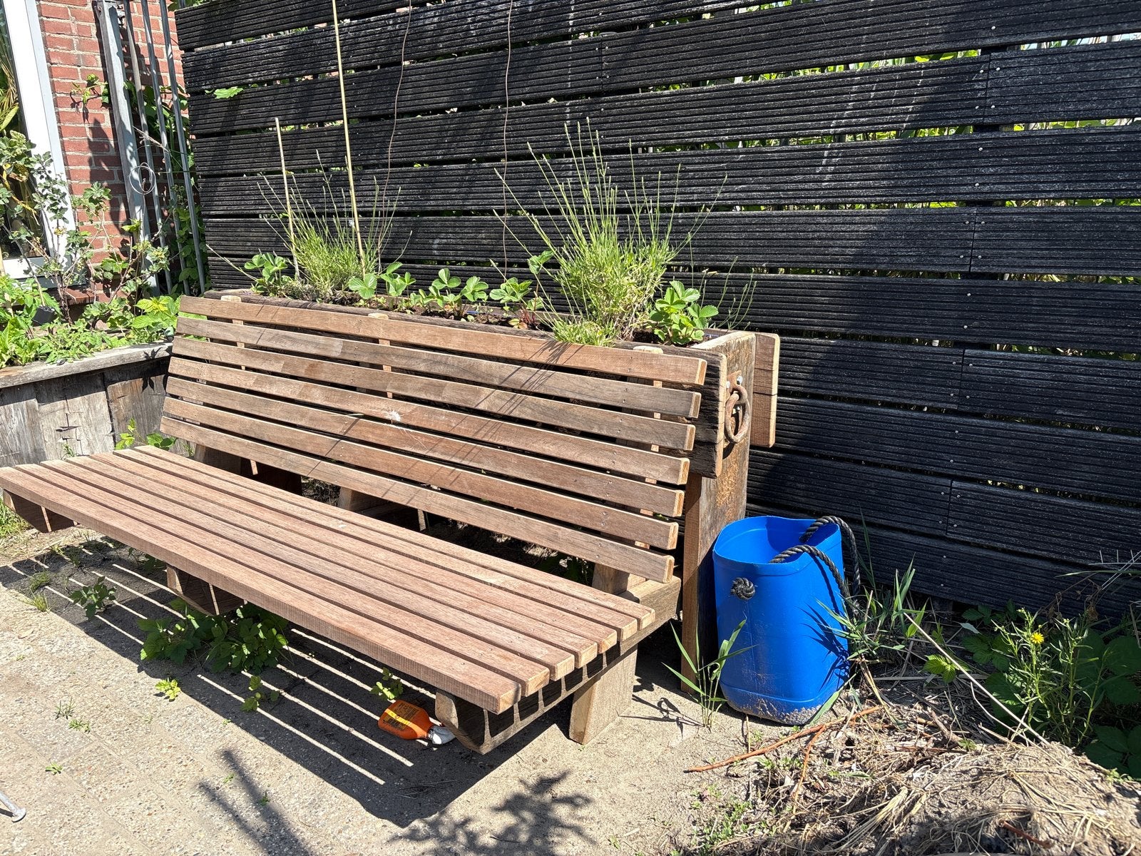 Houten tuinbank met plantenbak, Ophalen of Verzenden, Gebruikt, Hout