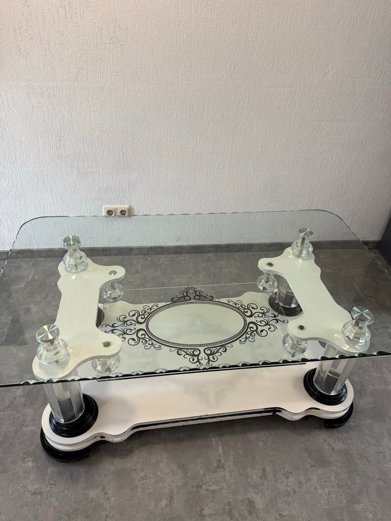 Glazen Salontafel met Wit en Zwart Onderstel, Ophalen, Gebruikt, 100 tot 150 cm, Glas