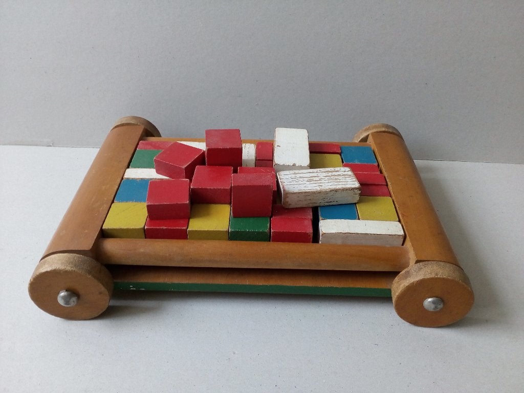 Vintage Houten Blokkenkar met kleurrijke blokken, Ophalen of Verzenden