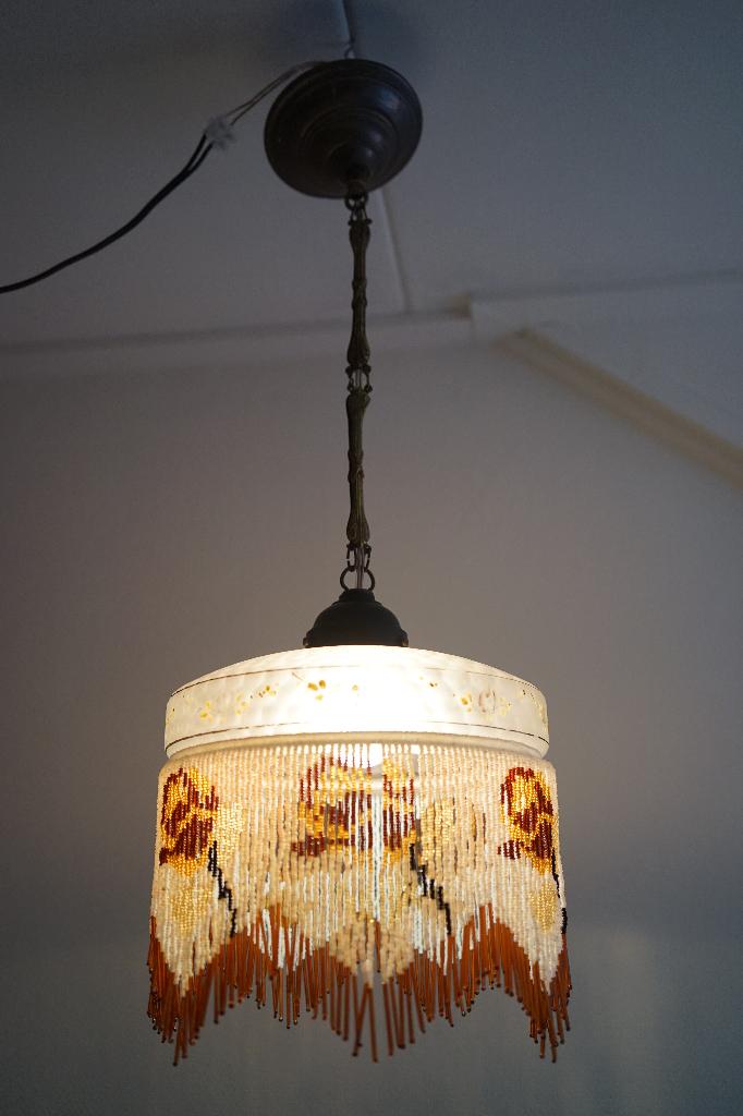 Art Deco Kralen Hanglamp Vintage Bohemian glas messing roos., Ophalen of Verzenden