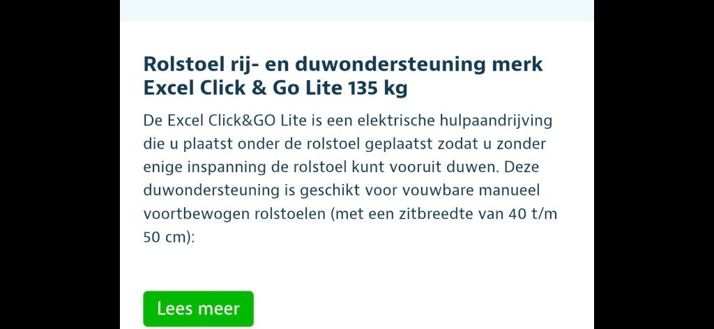Excel click&go rolstoel duwondersteuning, Ophalen, Zo goed als nieuw, Duwrolstoel