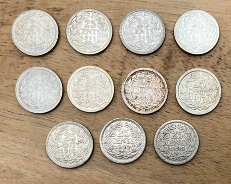 setje 25 cent Wilhelmina Hermelijnen Mantel (1), Postzegels en Munten, Munten | Nederland, Ophalen, Setje, Zilver, 25 cent