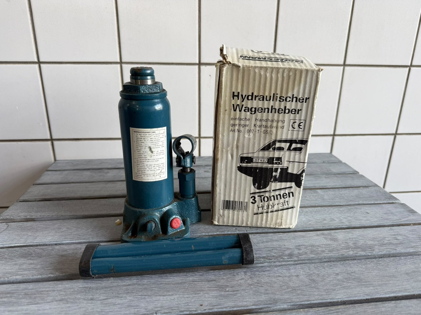 Hydraulische potkrik 3 ton – met hendel en doos, Caravans en Kamperen, Ophalen of Verzenden, Zo goed als nieuw
