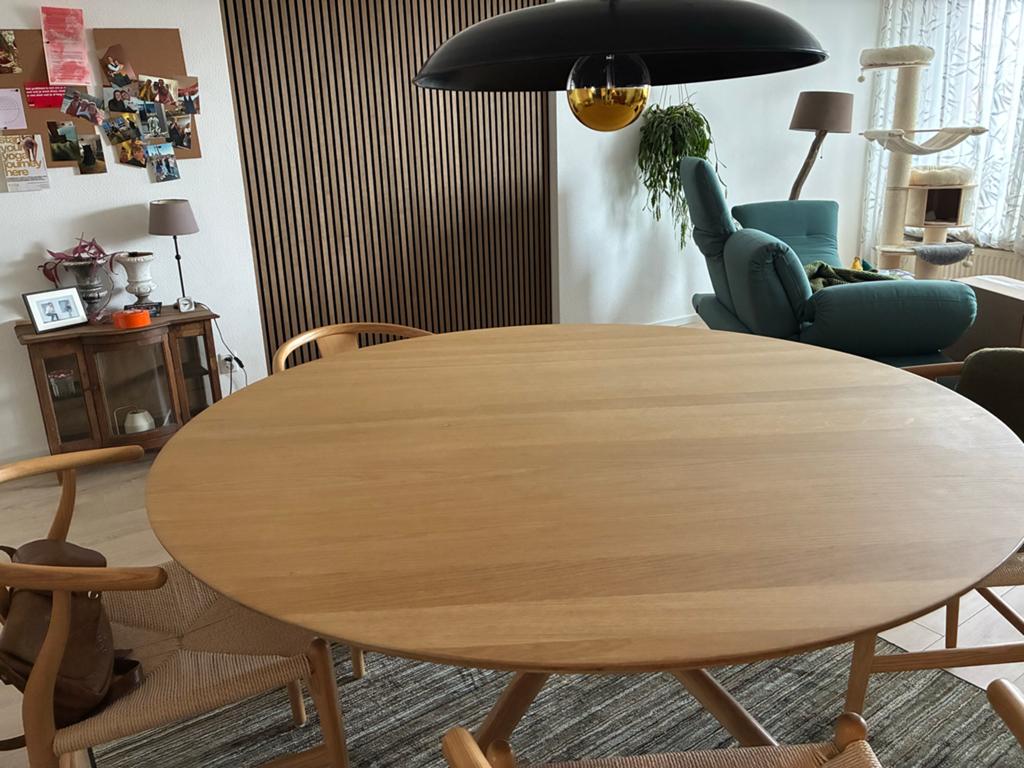 Ethnicraft Mikado Ronde Eettafel - 150 cm, Ophalen, 100 tot 150 cm, Zo goed als nieuw, Vijf personen of meer