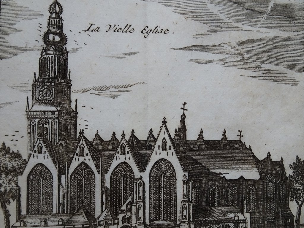 Gravures 4 stuk Lutherse kerk Nieuwe- Oude- Zuiderkerk 1720, Antiek en Kunst, Kunst | Etsen en Gravures, Verzenden, Architectuur