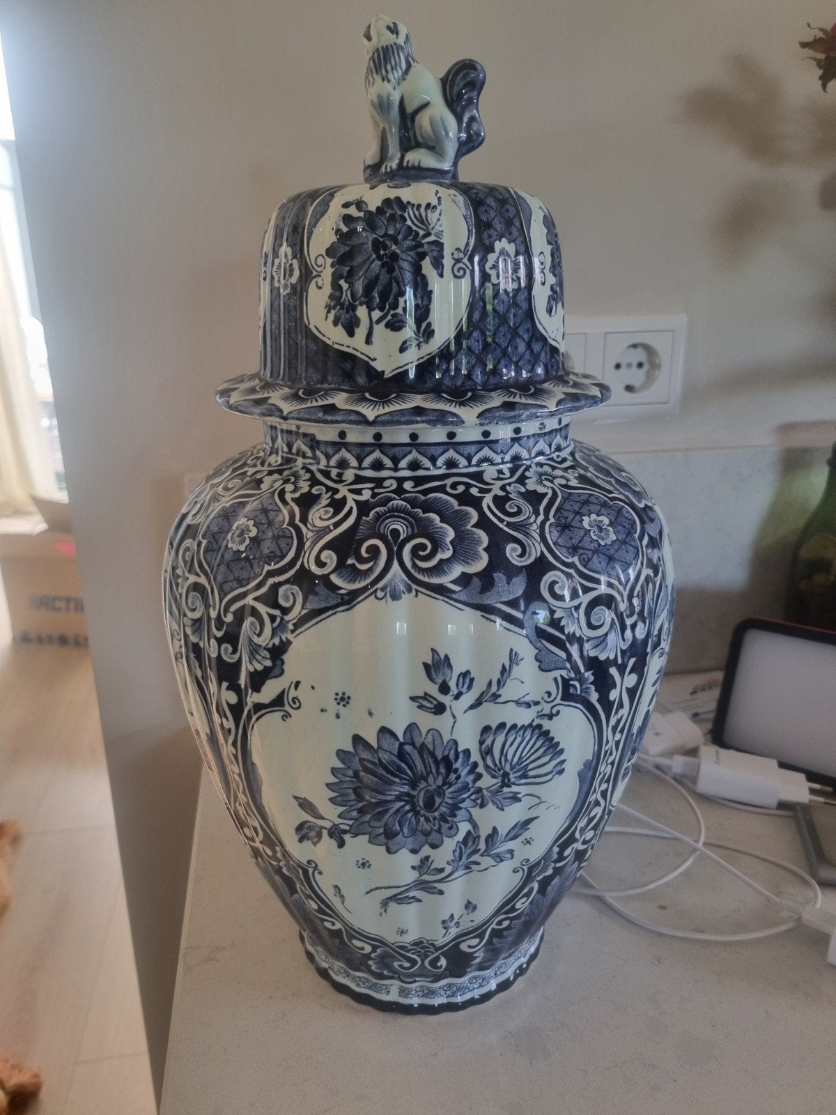Prachtige Delfts Blauwe Gemberpot met Leeuw, Ophalen of Verzenden