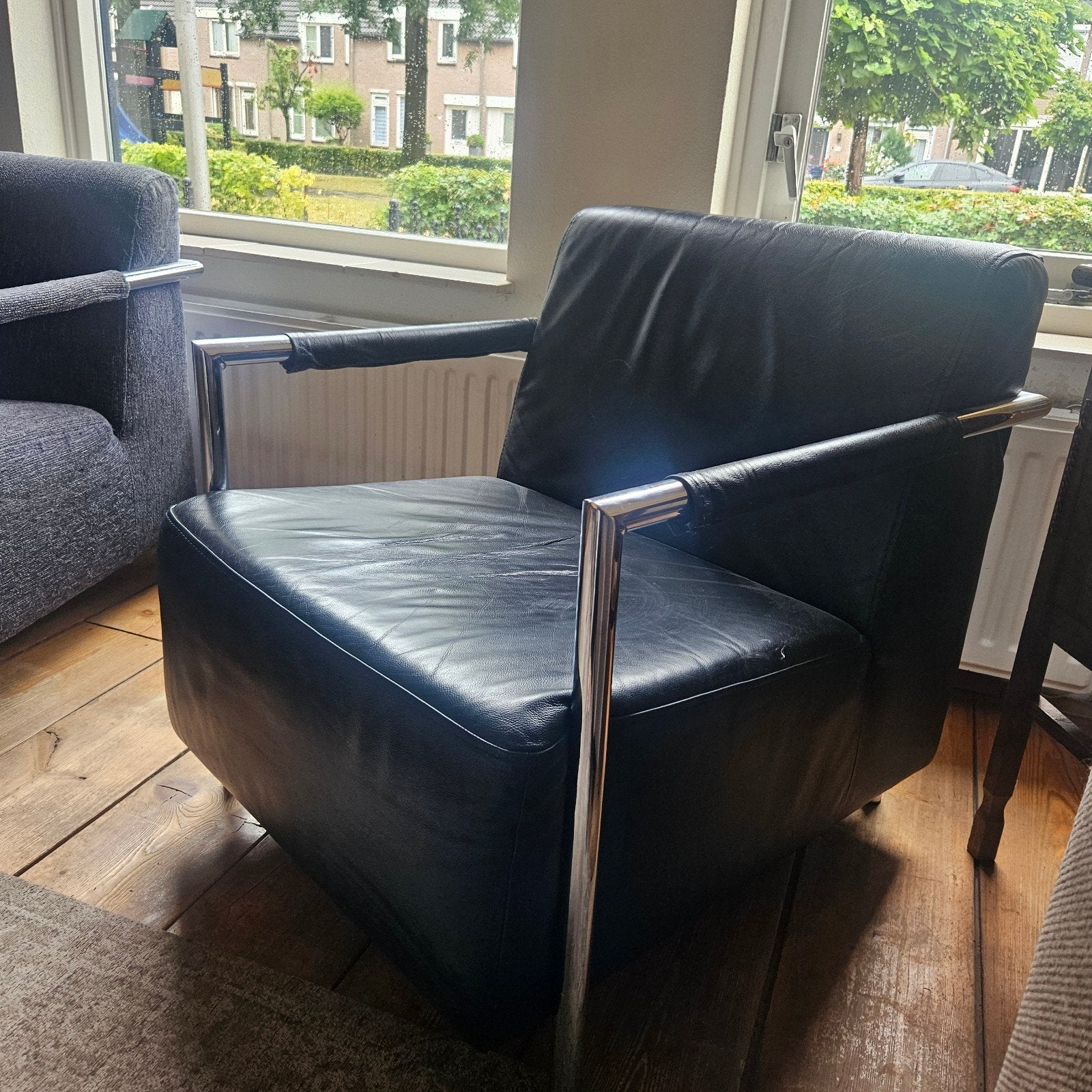 Vintage Candy Faro Fauteuil – Zwart Leer & Chroom, Ophalen, Gebruikt, Leer, 75 tot 100 cm