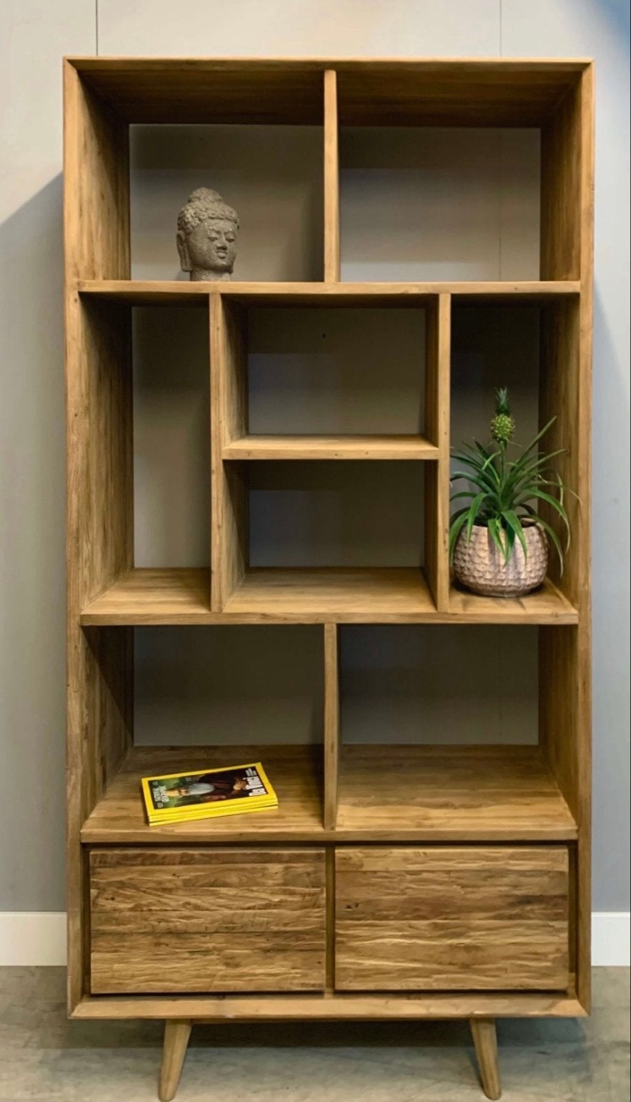 Foto 3 van Stijlvolle Teakhouten Boekenkast met Laden