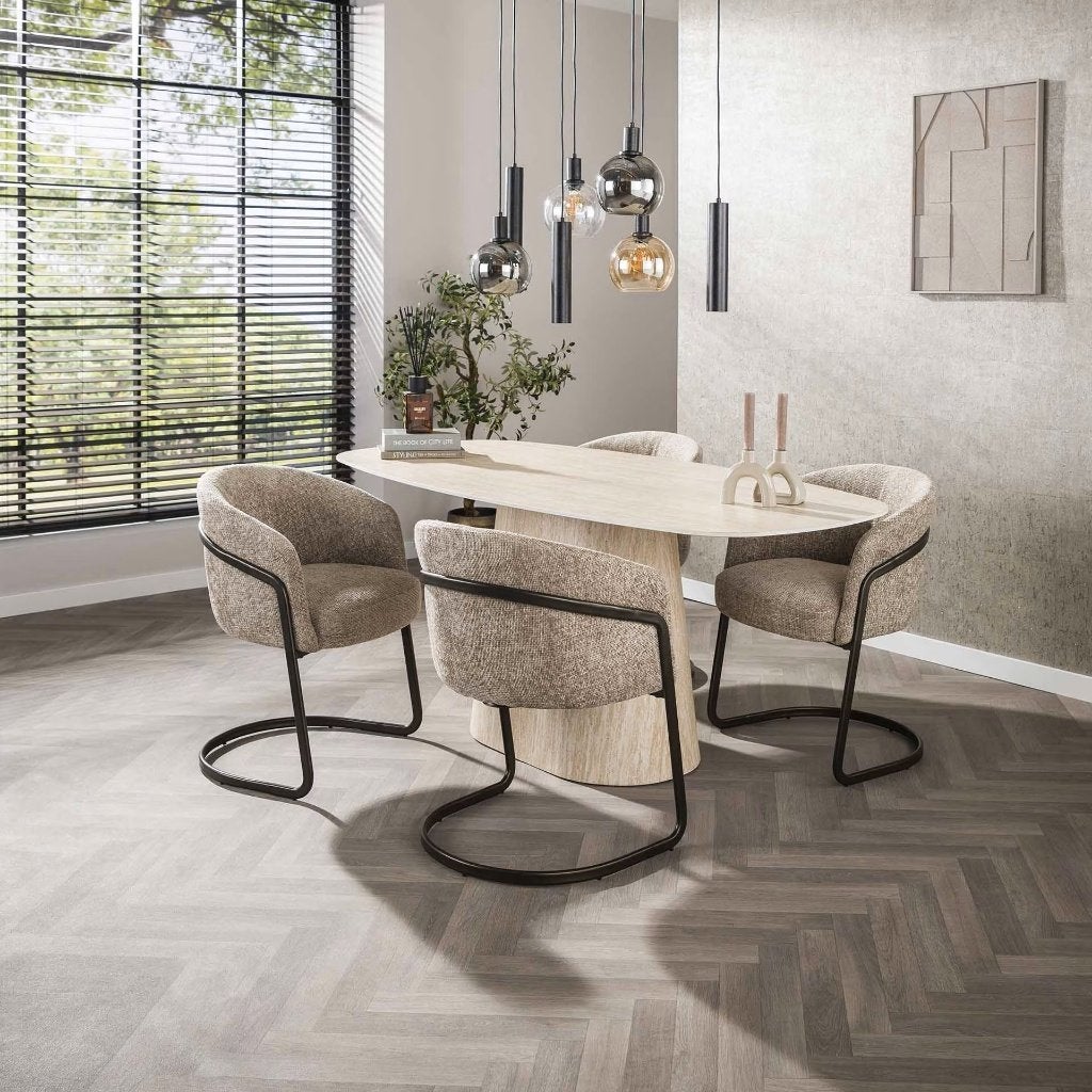 Deens Ovale Eettafel 'Indar' Keramiek in Travertinlook, Huis en Inrichting, Ophalen, 200 cm of meer, 50 tot 100 cm, Zo goed als nieuw