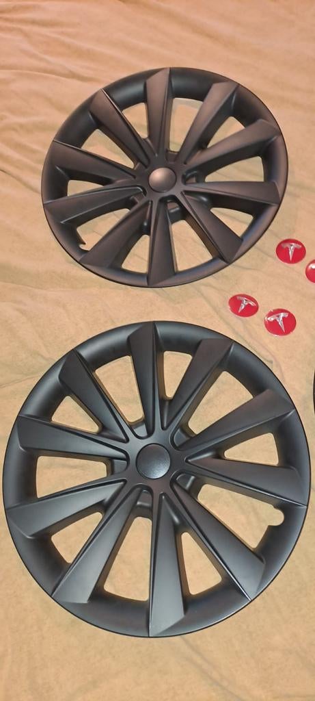Tesla Velg Doppen Set - Zwart met Rode Logo's, Ophalen of Verzenden, Zo goed als nieuw