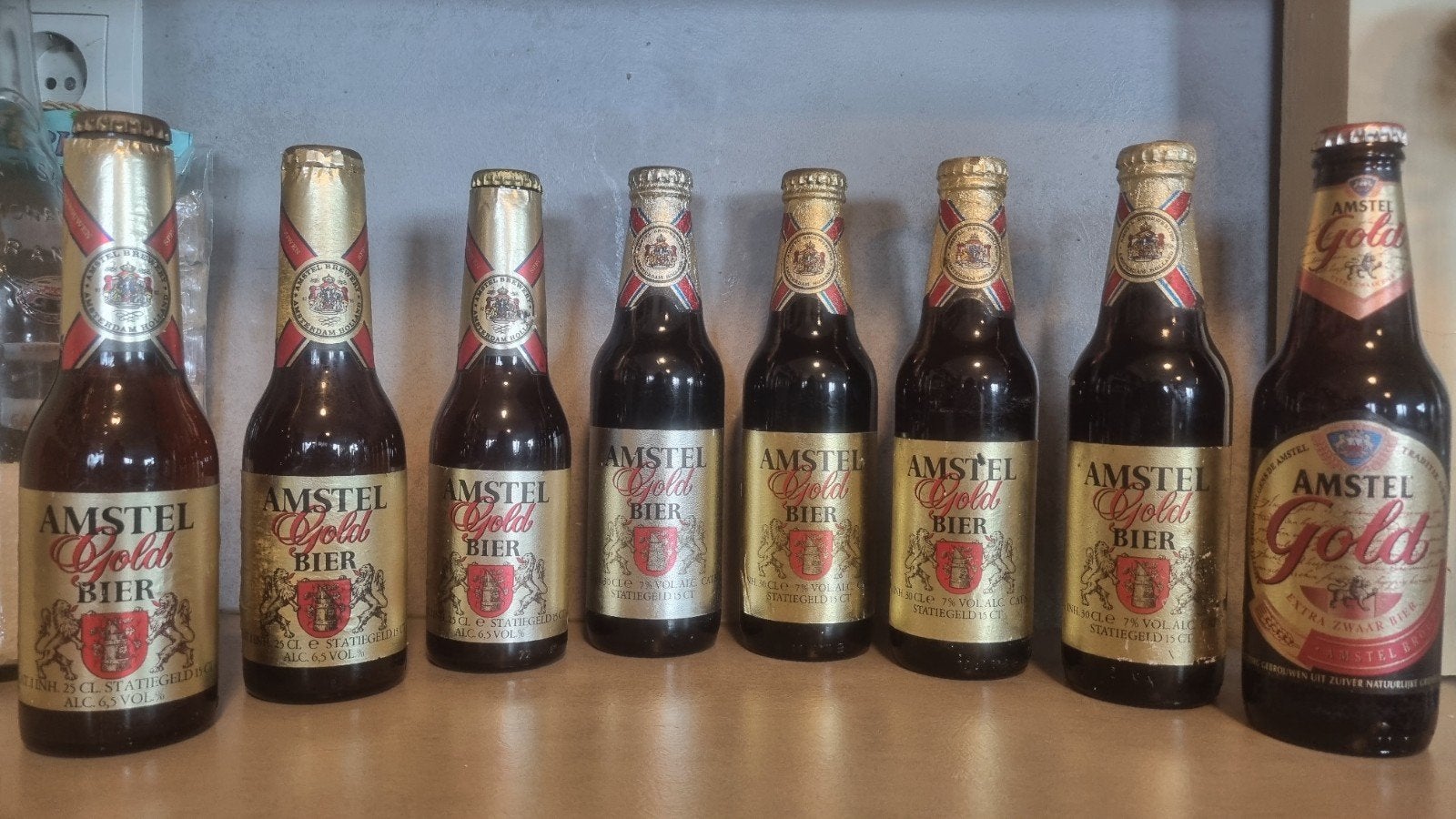8x Amstel Gold: 2x<84/84/89/90/92/90's/99, Verzamelen, Ophalen of Verzenden, Zo goed als nieuw, Flesje(s), Amstel