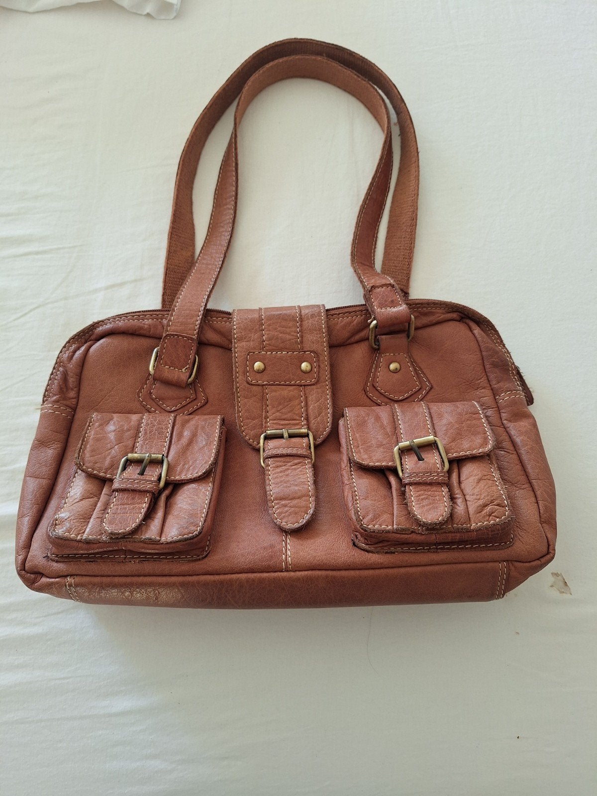 Echt lederen dames schouder/handtas met ritsen en drukknope, Ophalen of Verzenden, Bruin, Handtas