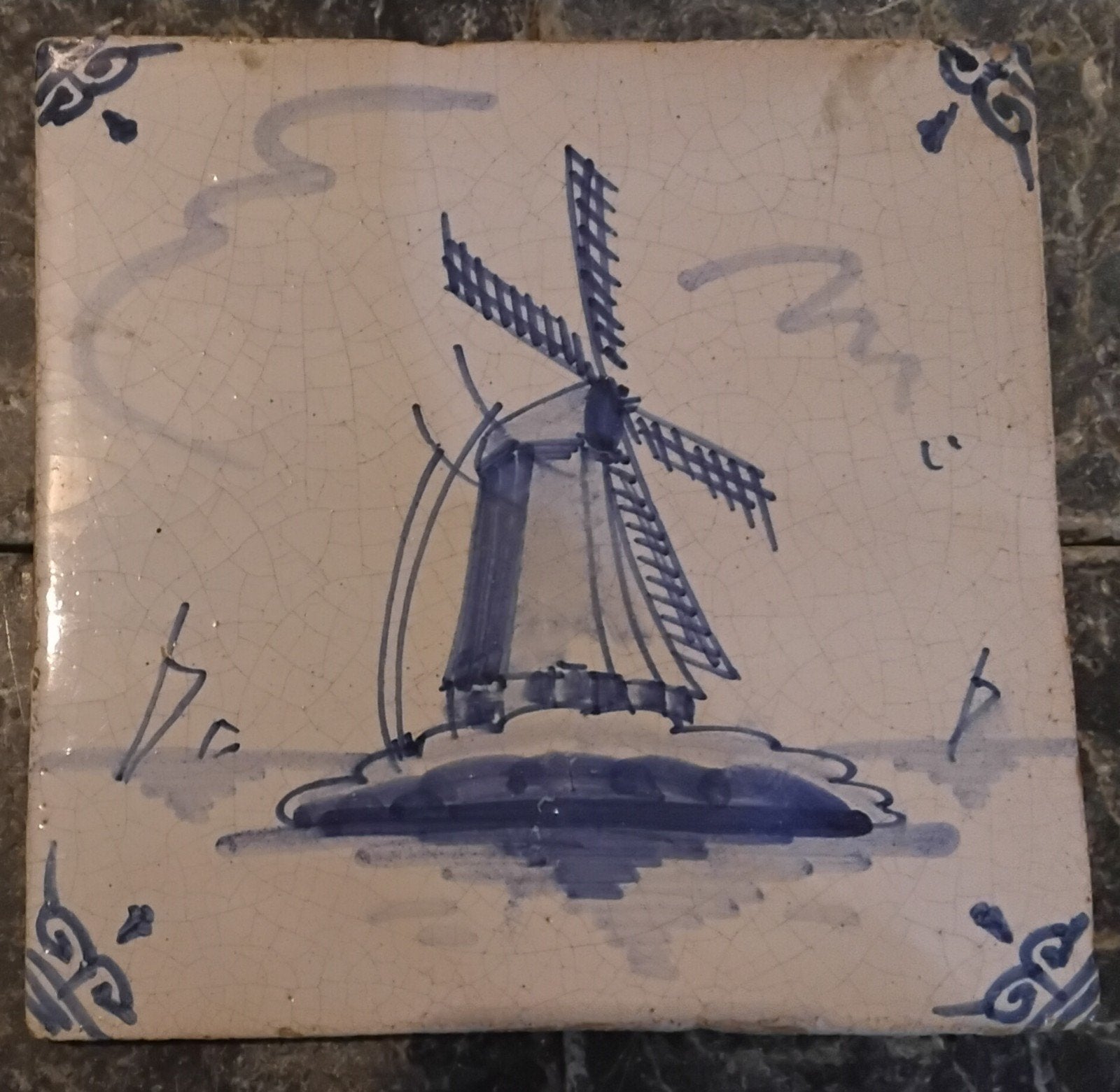 Antieke Delfts Blauw Tegel met Molen - Craquelé, Ophalen