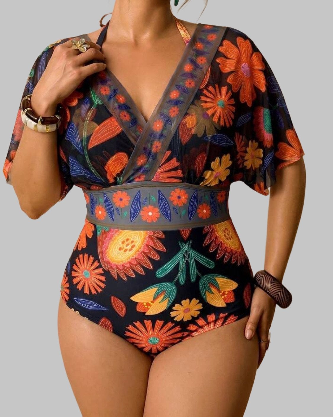 Bloemenprint Badpak met Kimono Mouwen (44-52), Verzenden, Nieuw, Meerkleurig, Lingerie of Zwemkleding