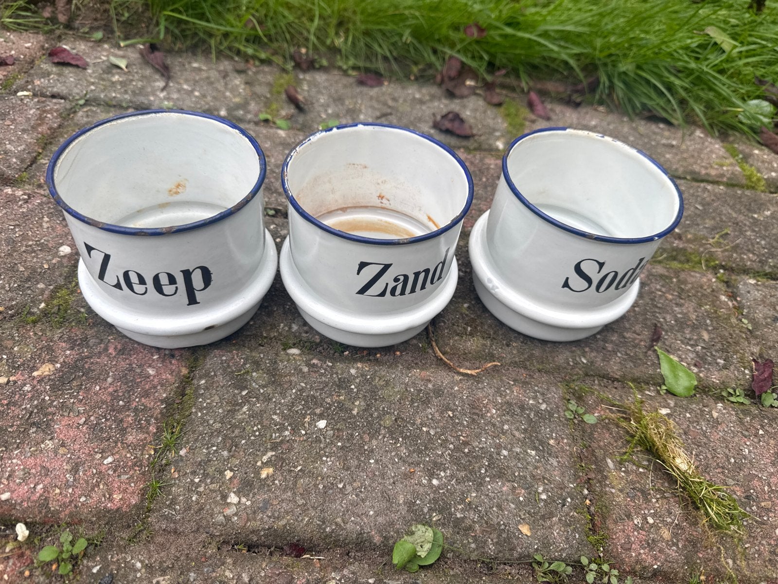 Vintage emaille potten 'Zeep', 'Zand', 'Soda' - Set van 3, Ophalen of Verzenden