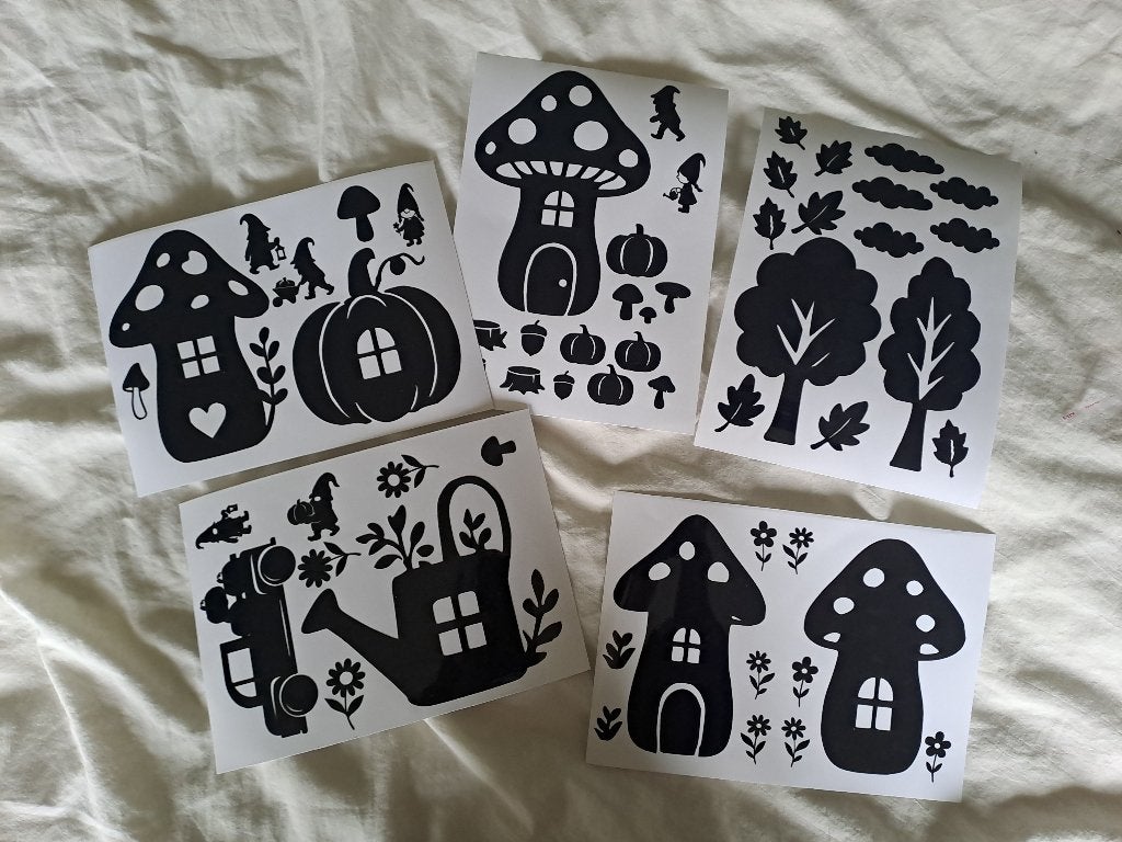 Herbruikbare Raamstickers Herfst - Paddenstoelen & Kabouters, Zwart, Overige materialen, Overige stijlen, Nieuw