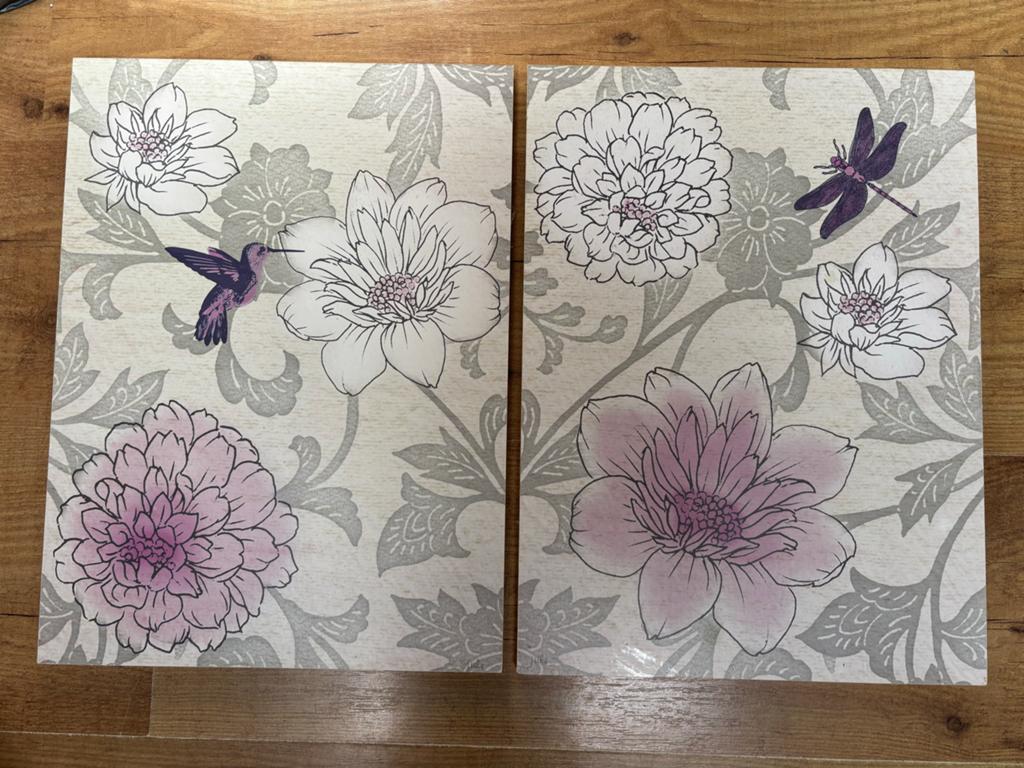 Set van 2 schilderijen met bloemen, kolibrie en libelle, Ophalen