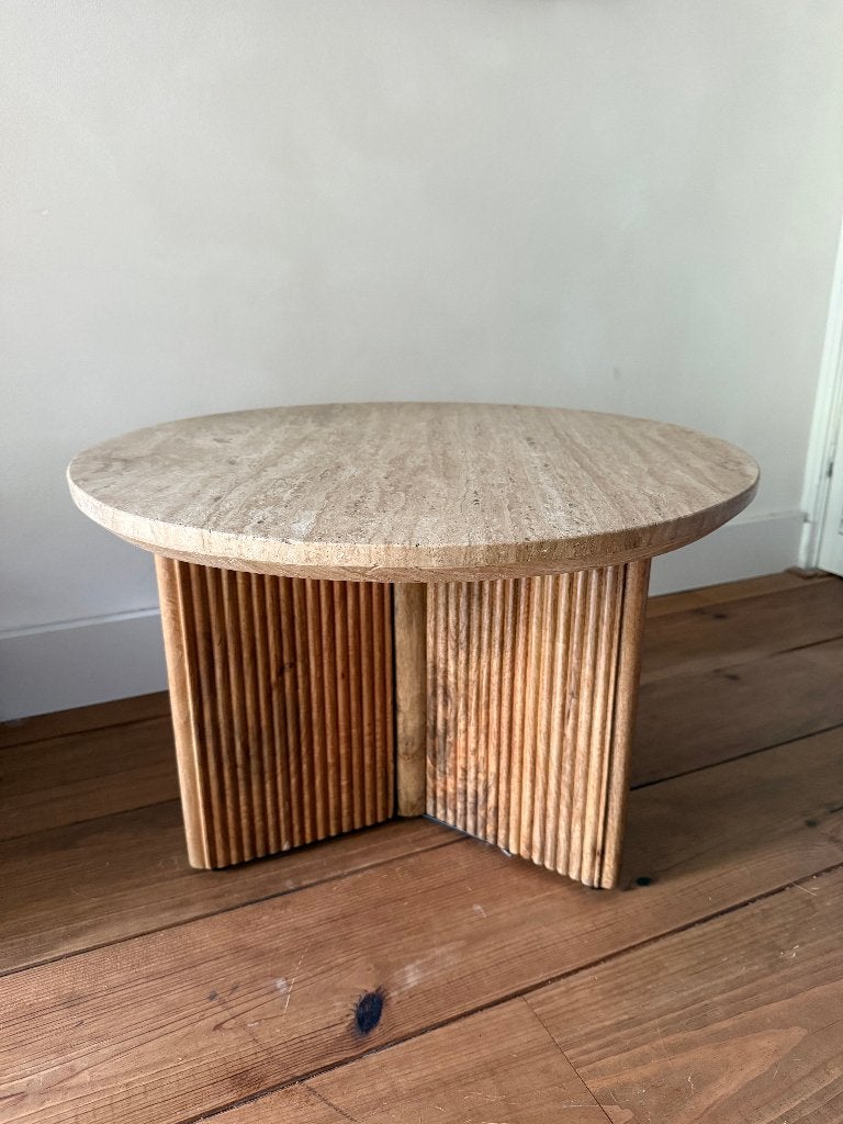 Bijzettafel Senna Travertine, Ophalen, Japandi, 50 tot 100 cm, Rond