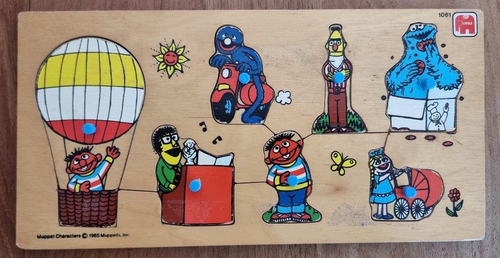 Franse houten Sesamstraat knopjespuzzel - jaren '80 - IZGST, Ophalen of Verzenden, Minder dan 10 stukjes, Zo goed als nieuw, Van hout