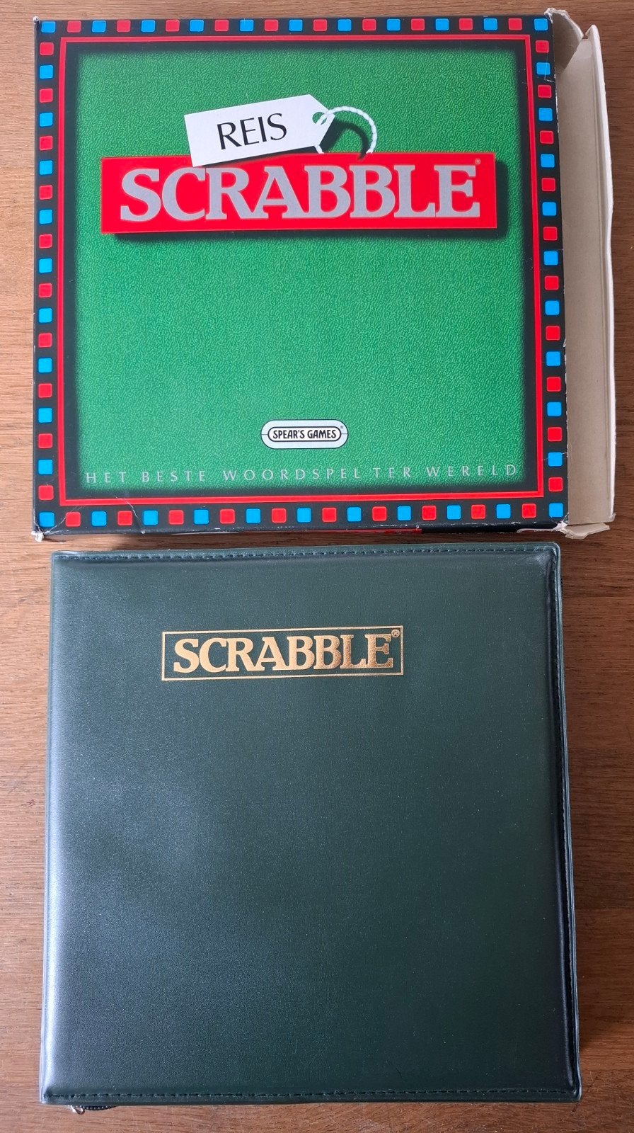 Scrabble Reis in groene etui - groene zoom - met doos, Hobby en Vrije tijd, Gezelschapsspellen | Bordspellen, Zo goed als nieuw