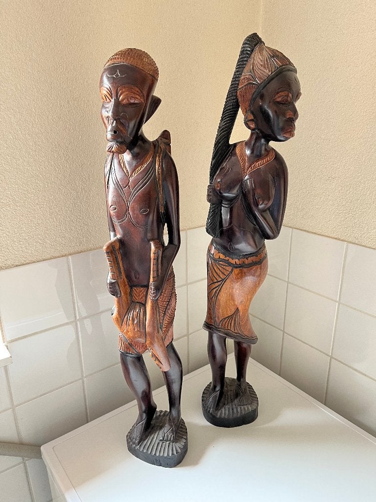 Houtsnijwerk Afrikaans Man (krijger) en vrouw., Antiek en Kunst, Kunst | Beelden en Houtsnijwerken, Ophalen, Overige onderwerpen