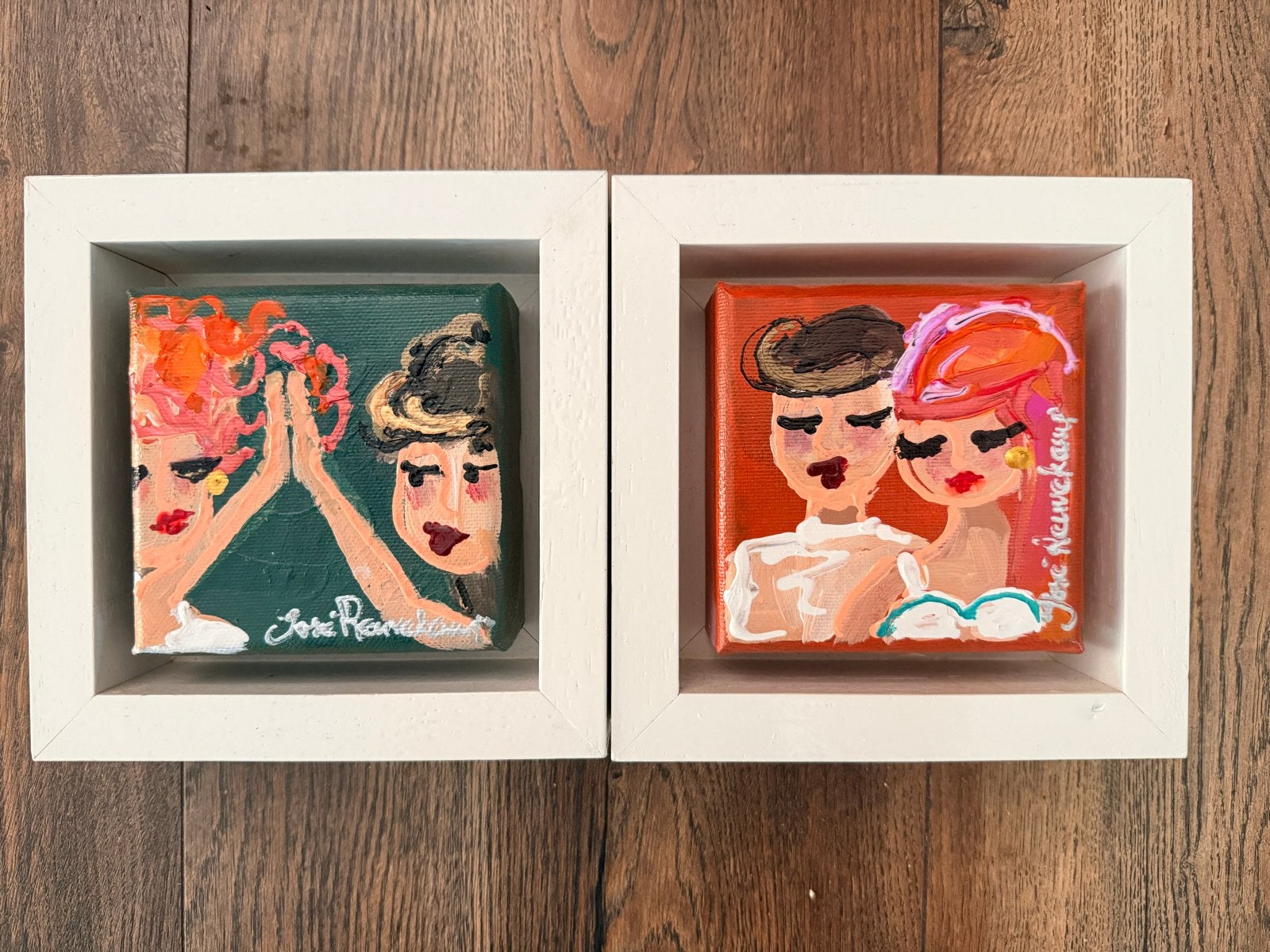 2 originele schilderijen van José Reuvekamp in baklijst, Ophalen of Verzenden, Gesigneerd, Textiel, Figuren