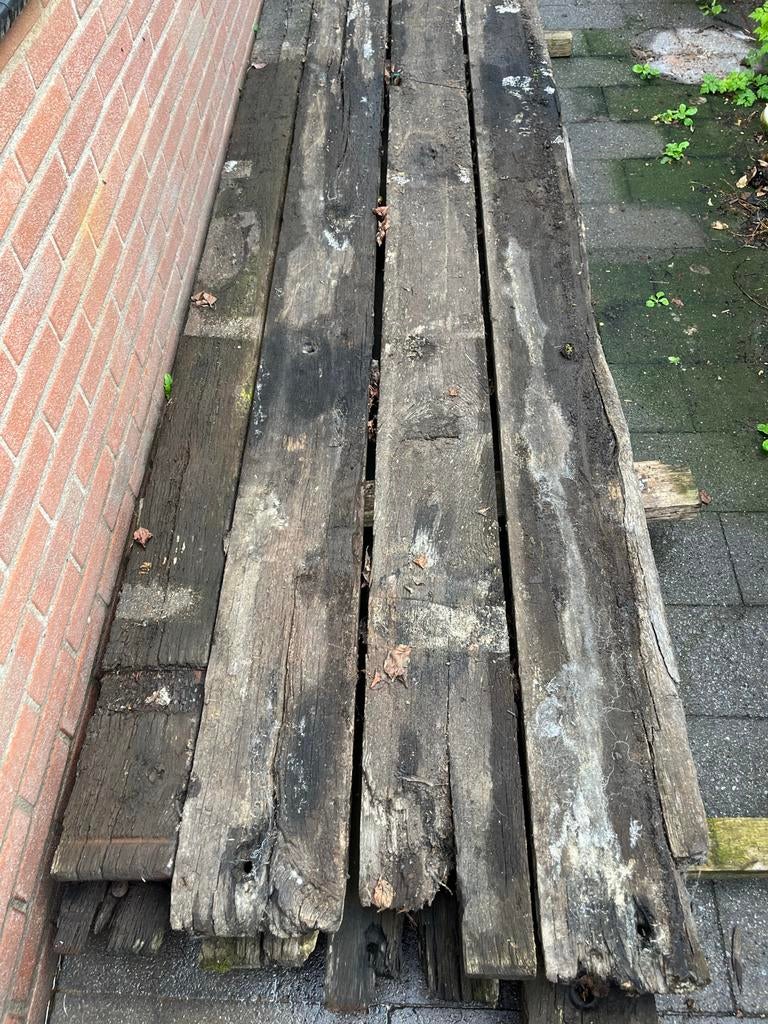 Originele eiken wagon planken en decoratie stukken, Ophalen, Gebruikt, 25 tot 50 mm, Eiken