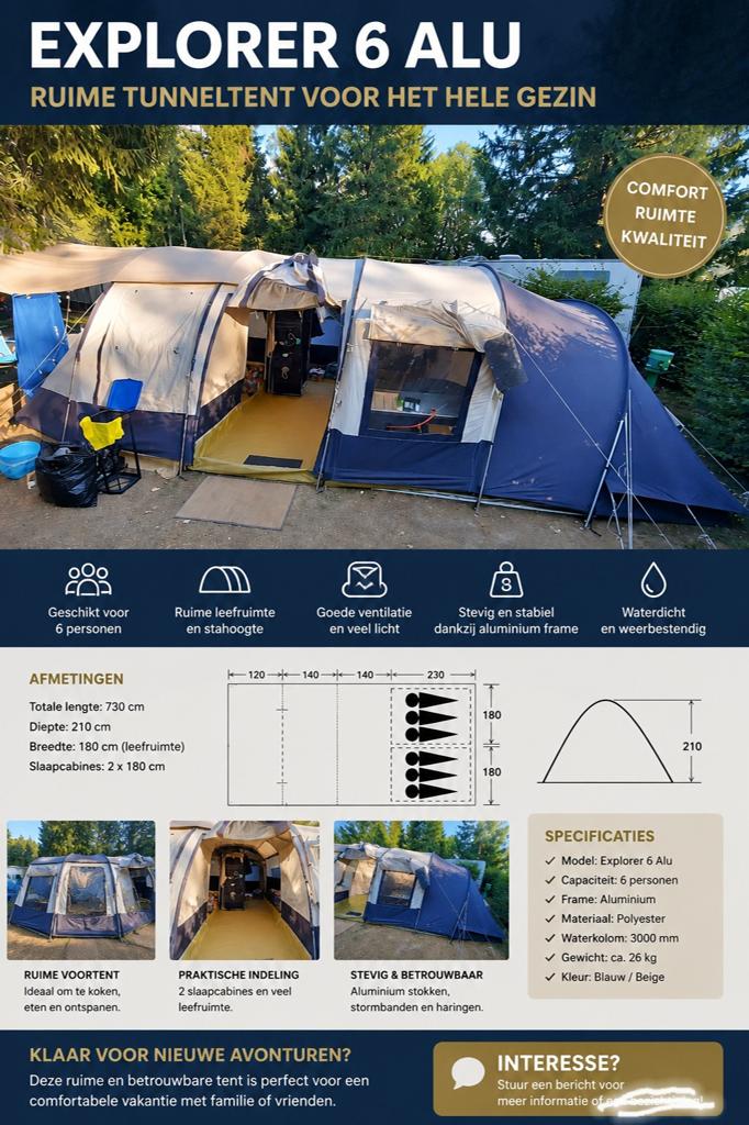 Explorer 6 Alu tunneltent - Ruim en comfortabel, Caravans en Kamperen, Ophalen, Gebruikt, Tot en met 6