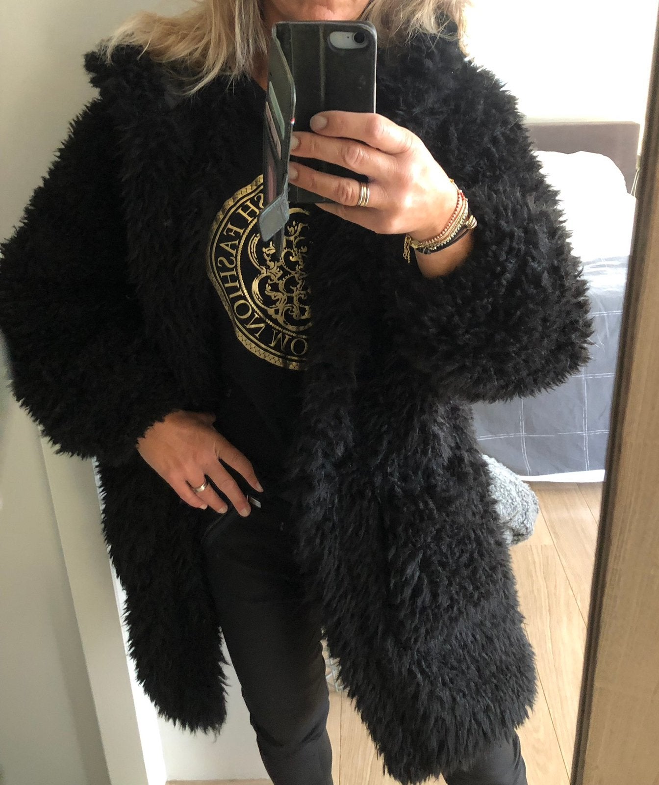 Black hooded borg longline teddy coat size: 36 zgan, Kleding | Dames, Ophalen of Verzenden, Zo goed als nieuw, Maat 36 (S), Zwart