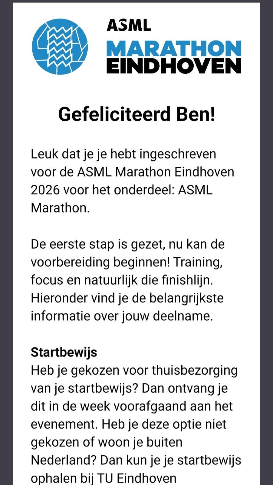 Eindhoven ASML Hele Marathon Wave 1 Startnummer, Eén persoon, Oktober