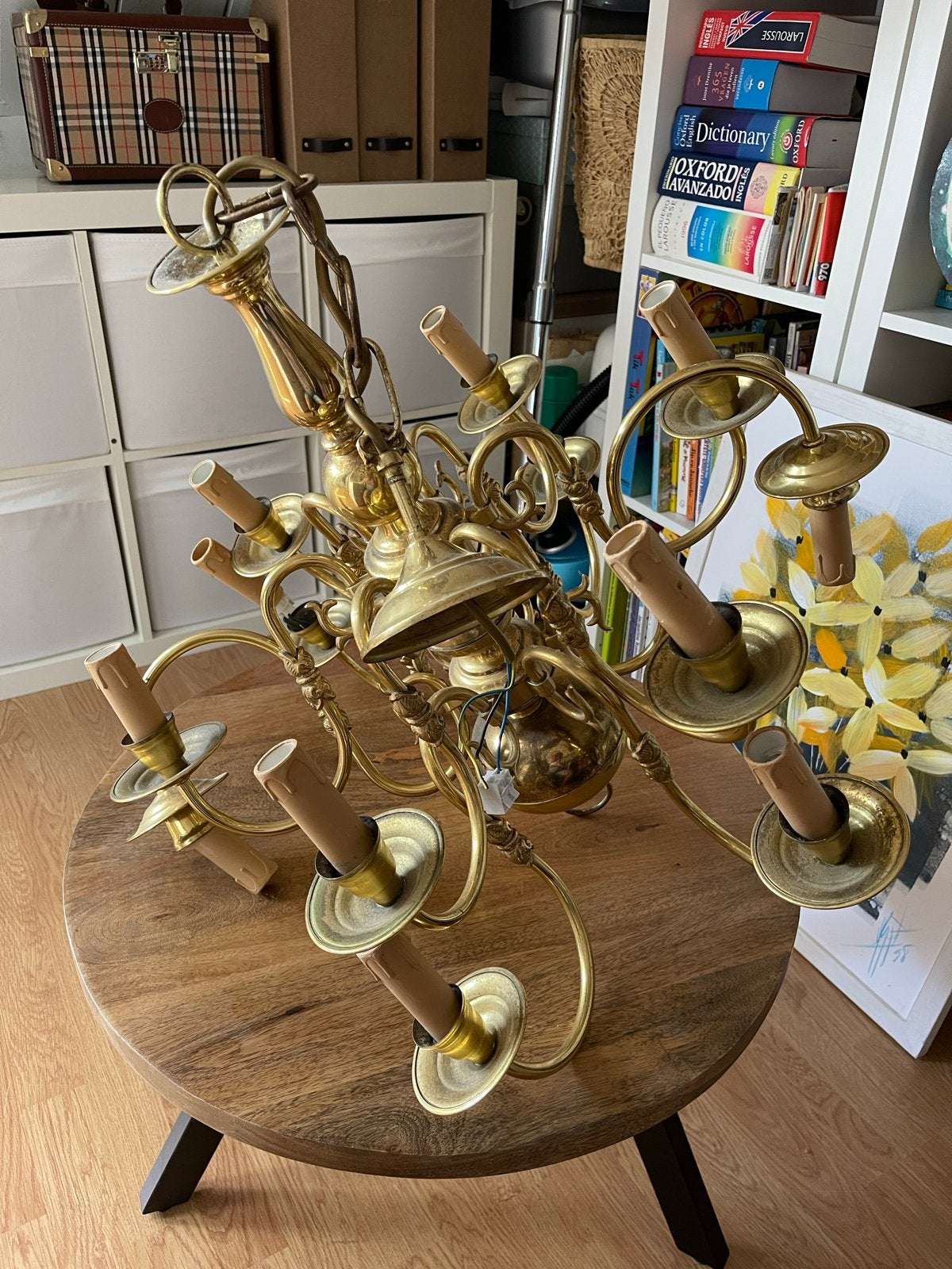 Vintage Messing Kroonluchter met 12 Armen, Ophalen of Verzenden, Gebruikt, Metaal, E14 (klein)