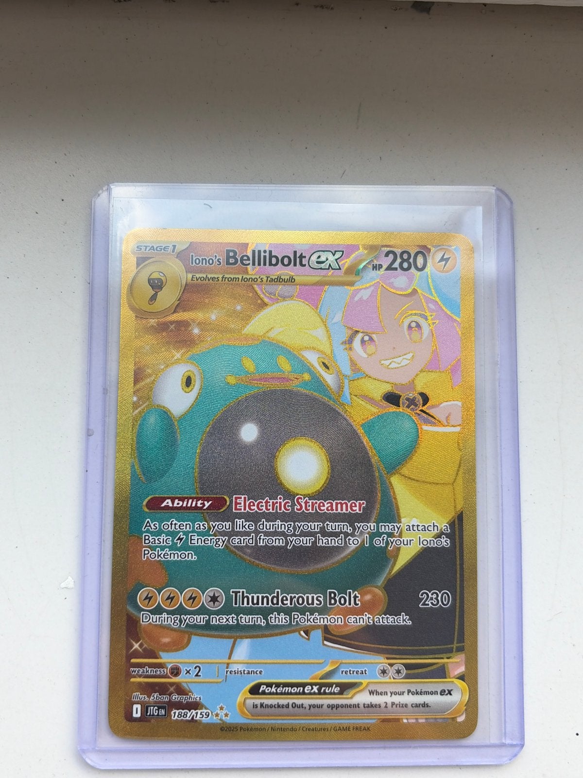 Iono's Bellibolt ex Gold Secret Rare 188/159 Pokémon kaart, Ophalen of Verzenden, Zo goed als nieuw, Losse kaart, Foil