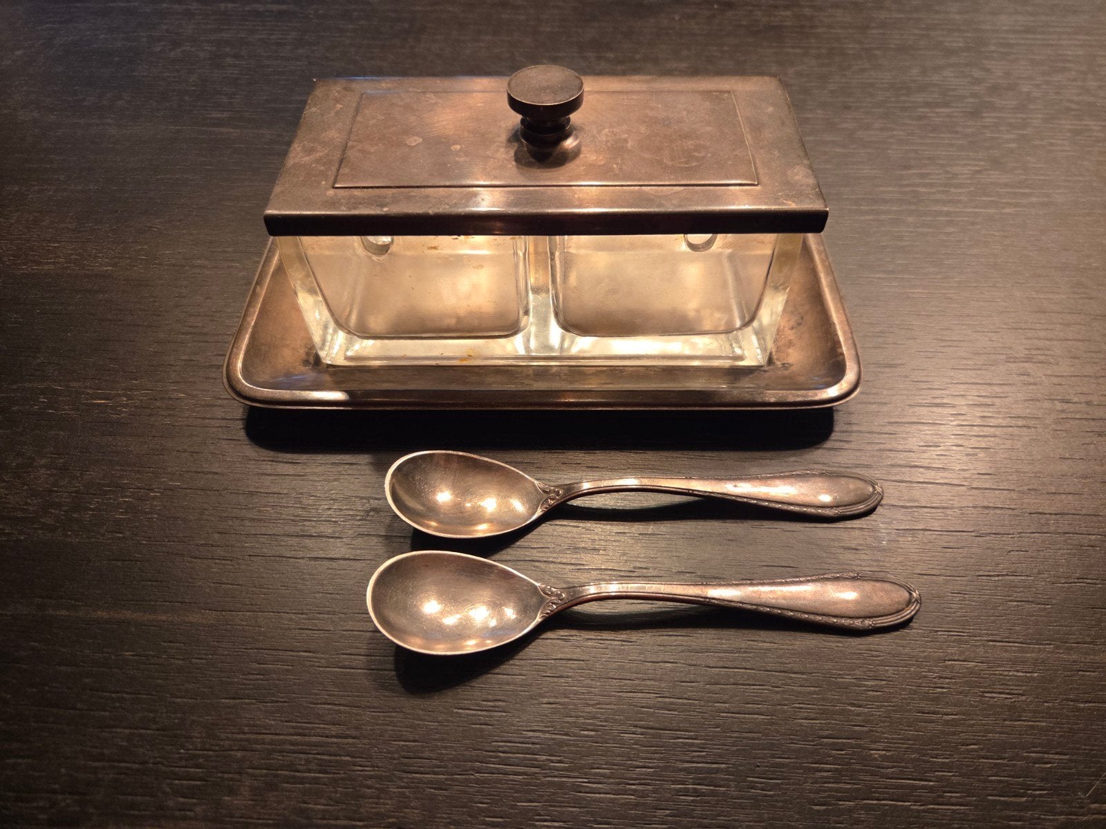 Antieke verzilverde suikerpot met lepels, Ophalen of Verzenden