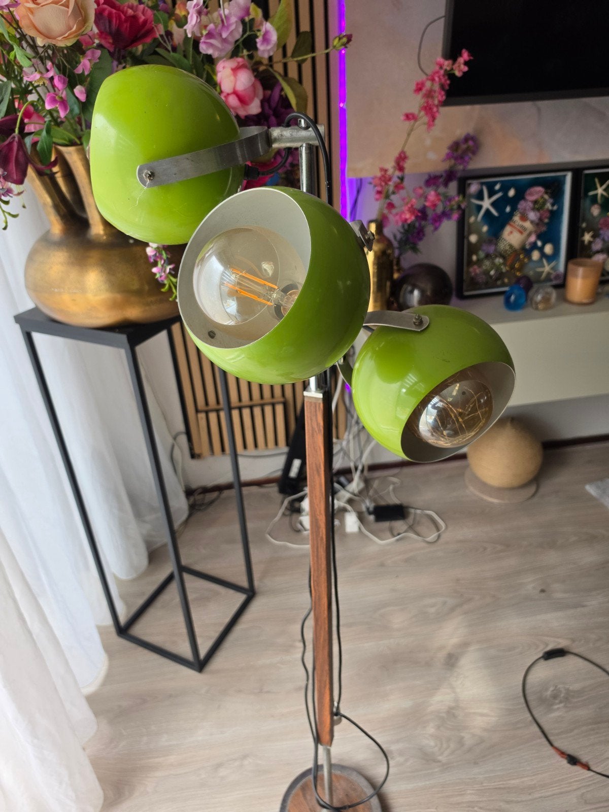 Herda “Vintage Nederlandse Space Age 3-bols eyeball vloerlam, Ophalen, Gebruikt, E27 (groot), Hout