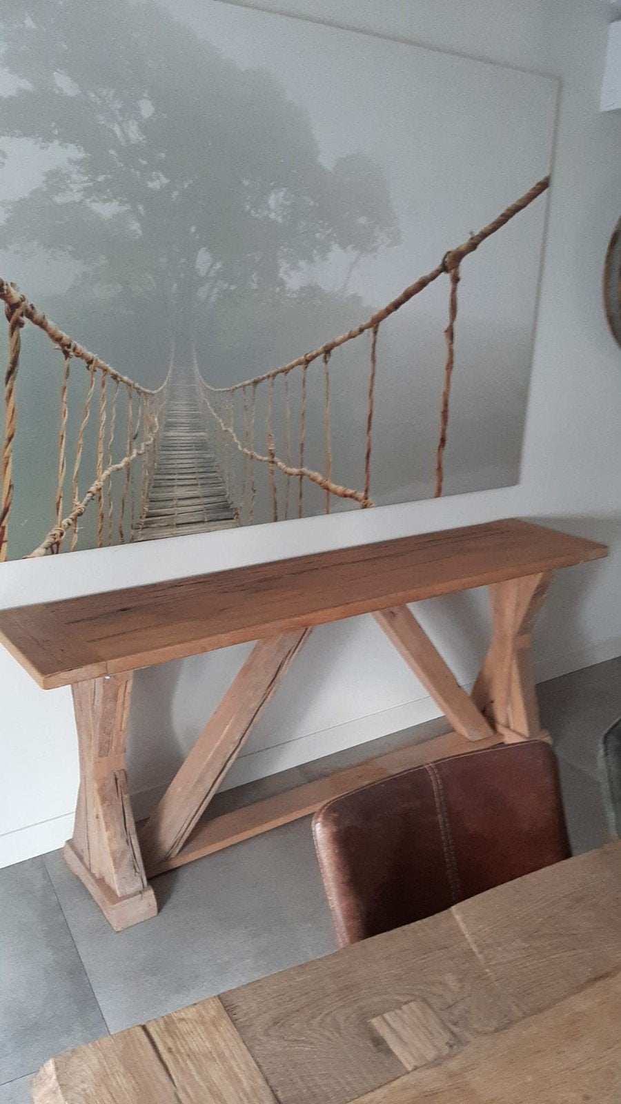 Robuuste houten sidetable/console tafel, Huis en Inrichting, Ophalen, Gebruikt, Landelijke, robuuste stijl, Tot twee personen
