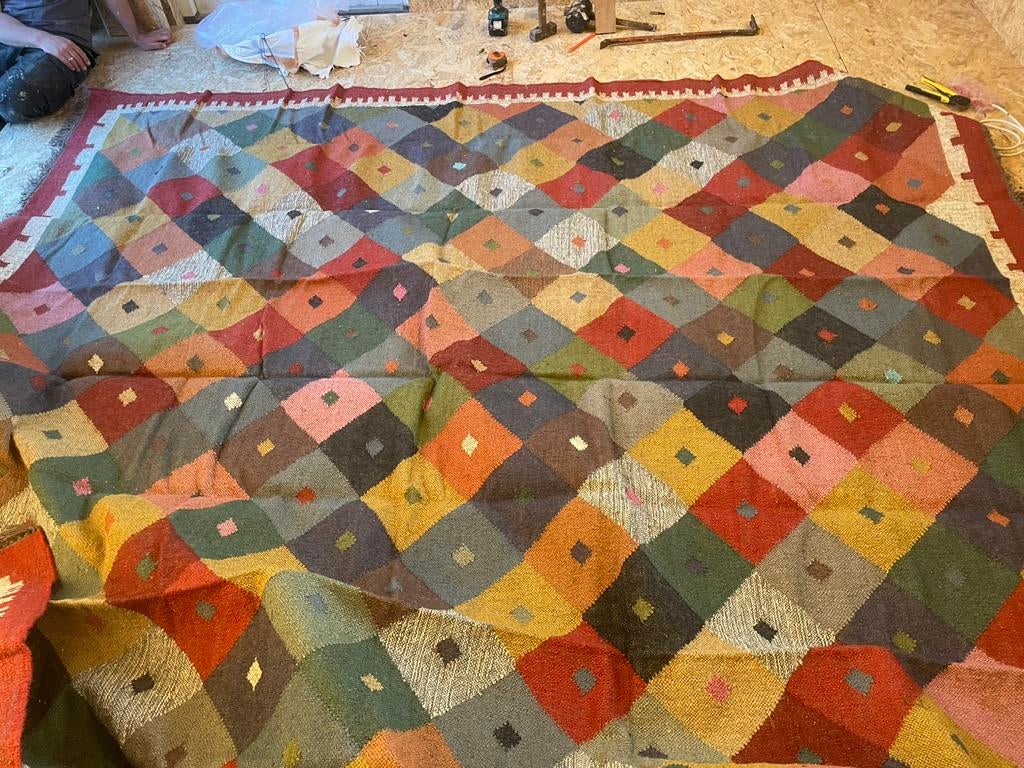 Groot Handgeweven wollen jute kelimtapijt, Ophalen of Verzenden, Zo goed als nieuw, Rechthoekig, 200 cm of meer