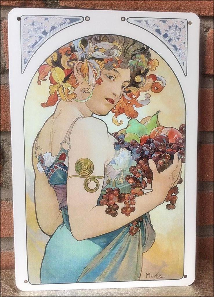 ALPHONSE MUCHA Fruit Jugendstil Metalen Wandbord poster, Antiek en Kunst, Verzenden