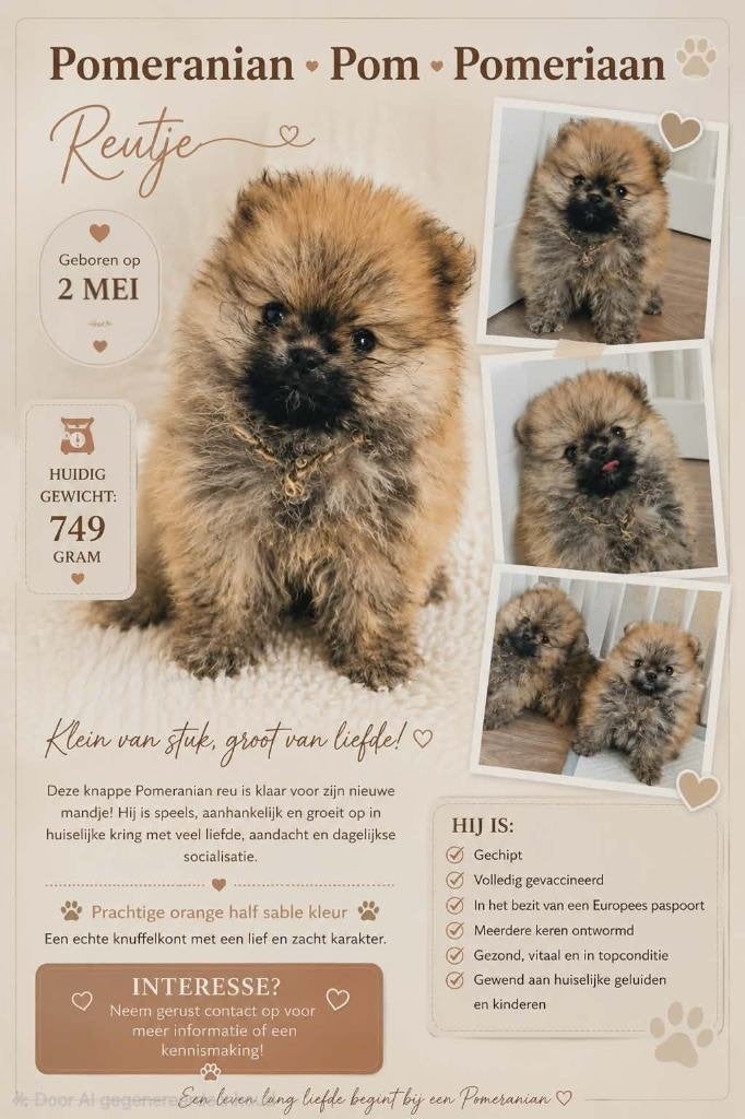 Pomeranian - Pom - Pomeriaan bearface Micro Reutje, Reu, 8 tot 15 weken, Eén hond, Nederland