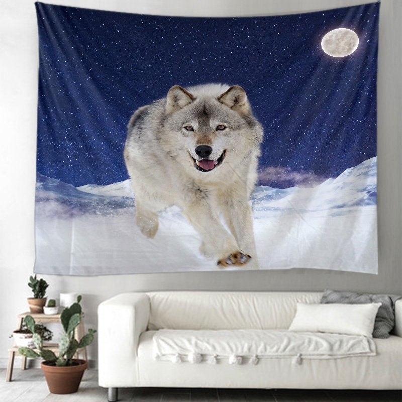 Wandtapijt Wolf in Sneeuwlandschap met Volle Maan 90-75cm, Rechthoekig Staand, Verzenden, Deurposter of groter, Nieuw