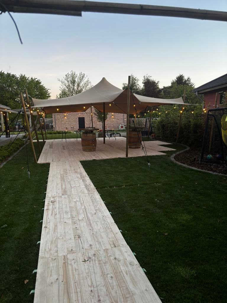 Te huur! Stretchtent 6x10m, inclusief verlichting, Ophalen of Verzenden, Zo goed als nieuw, Hout