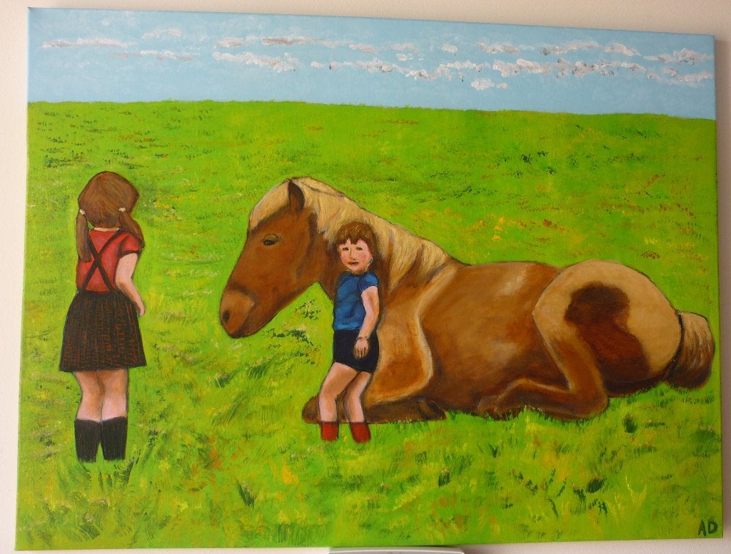 Kinderen met paard, Doek, Portret of Personen, Realistisch, Ophalen of Verzenden
