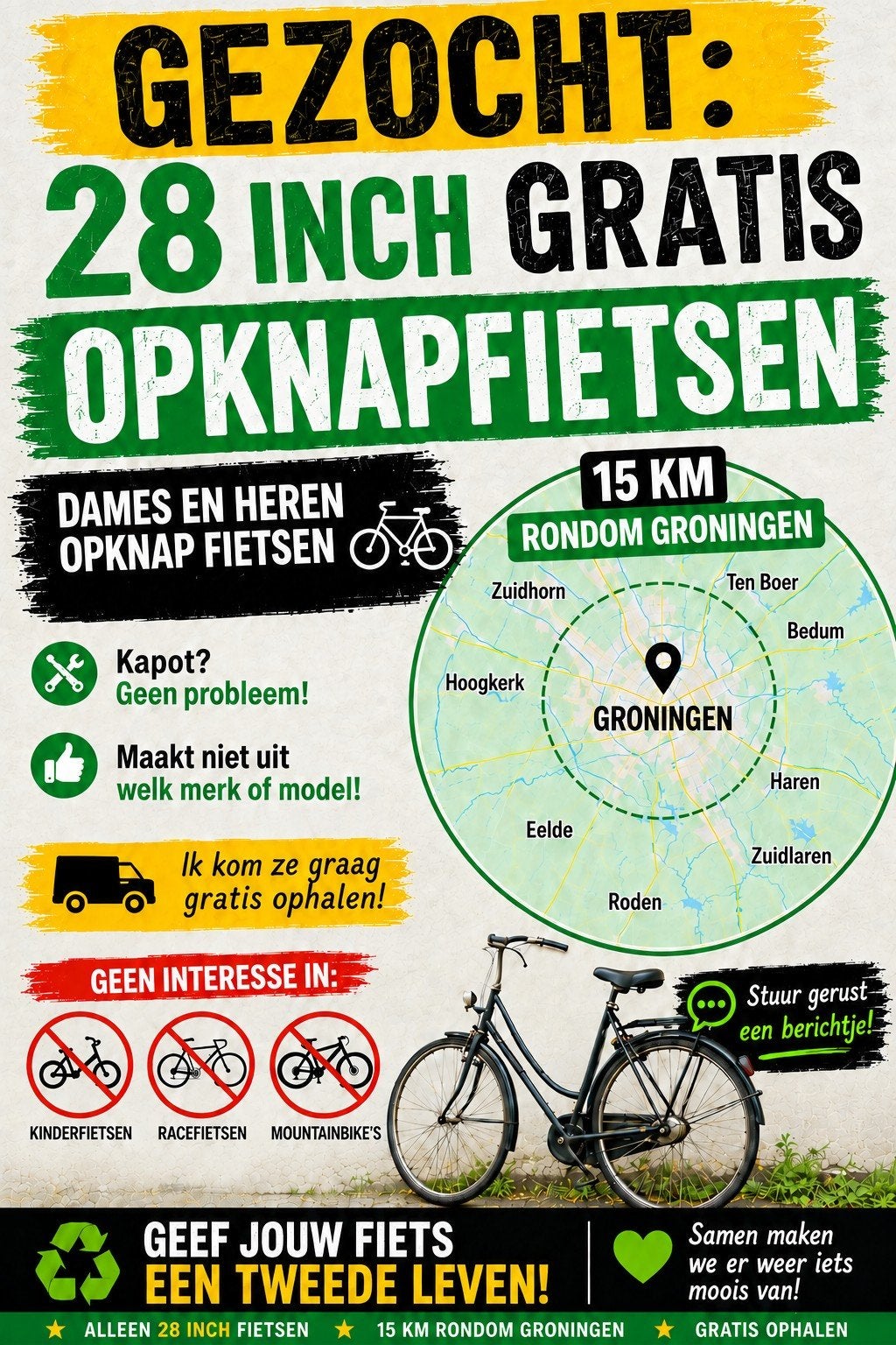 gezocht gratis 28inch opknap fietsen, Ophalen, Gebruikt, Overige merken