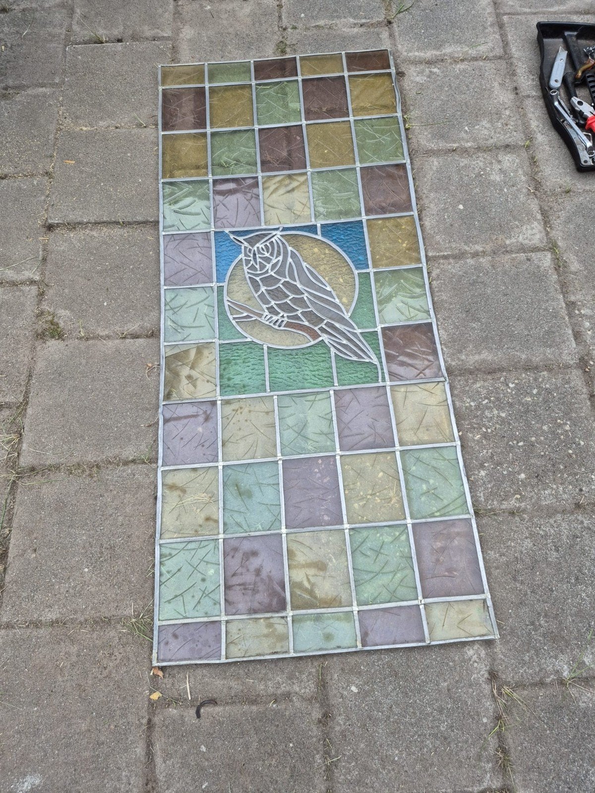 Glas in lood raam met uil - 1 gebarsten ruitje, Ophalen, Gebruikt, Minder dan 80 cm, Glas in lood