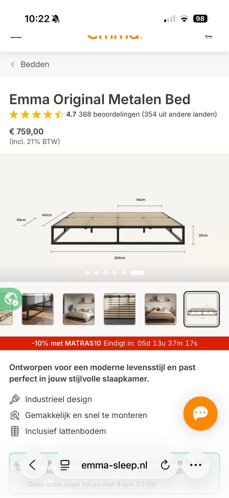Emma metalen onderstel 180x200 cm - Zo goed als nieuw, Huis en Inrichting, Slaapkamer | Bedden, Ophalen, Tweepersoons, Zo goed als nieuw