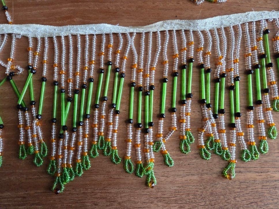 Antieke kralen buiskralen  franje  lampenkap - groen oranje, Ophalen of Verzenden